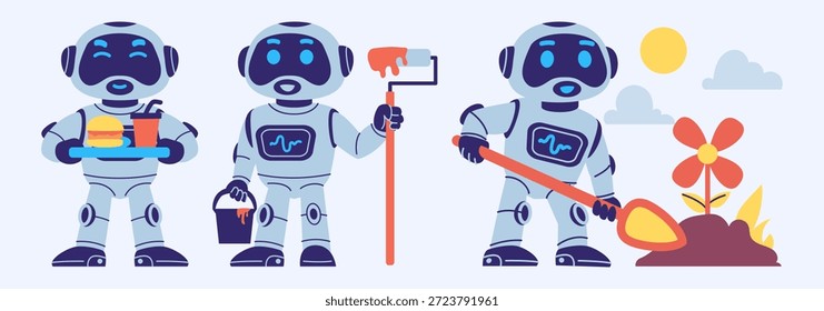 Eine Sammlung niedlicher Cartoon-Roboter, die verschiedene Aufgaben wie Essen servieren, Malen und Gärtnern, die die Integration von KI in das tägliche Leben veranschaulichen.