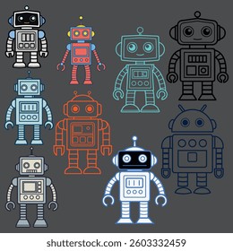 Collection of Cute Cartoon Robots in Various Colors