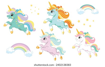 Colección de dibujos animados bonitos que corren unicornios y protagoniza un paquete de stickers de fondo blanco. Ilustración vectorial en estilo de dibujos animados para prendas de vestir, telas, souvenirs para niños con motivos de impresión y decoración