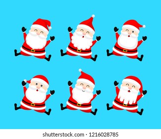 Collection of cute cartoon Santa Claus. Merry Christmas and Happy New Year. Vector illustration isolated on blue background.