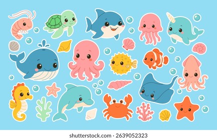 A collection of cute cartoon sea creatures including a whale, octopus, and crab. The image has a playful and whimsical mood, with the animals all smiling and looking happy