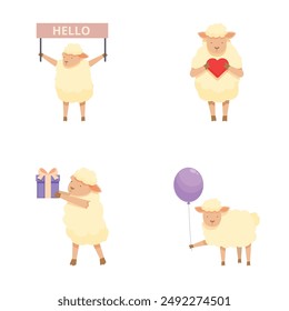 Collection of cute cartoon sheep with a sign, heart, gift, and balloon