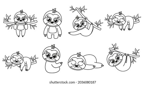 A collection of cute cartoon sloths. Black and white vector illustration for a coloring book. Contour drawing.