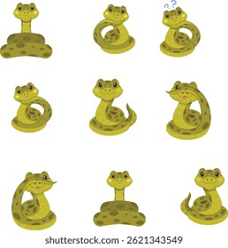 Collection of Cute Cartoon Snakes in Various Poses, Set of cute handdrawn snakes smiling feeling sad