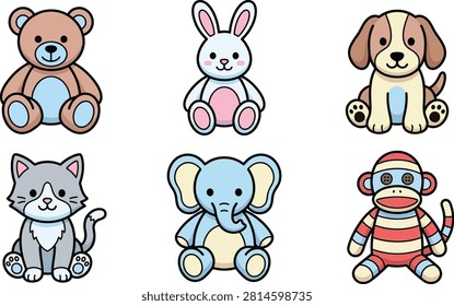 A collection of cute cartoon stuffed animals including a bear rabbit dog cat elephant and monkey