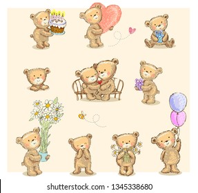 Collection of cute cartoon teddy bears, vector illustration