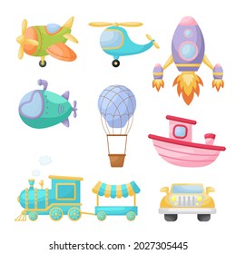 Collection of cute cartoon transport. Set of vehicles for design of childrens book, album, baby shower, greeting card, party invitation, house interior. Bright colored childish vector illustration.