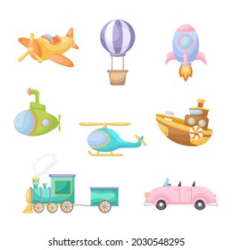 Collection of cute cartoon transport. Set of vehicles for design of kids rooms, clothing, album, card, baby shower, birthday invitation, house interior. Bright colored childish vector illustration.
