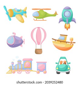 Collection of cute cartoon transport. Set of vehicles for design of kids rooms, clothing, album, card, baby shower, birthday invitation, house interior. Bright colored childish vector illustration.