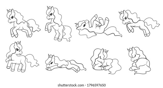 Collection of Cute Cartoon Unicorns isolated on white background. Vector illustration for coloring books