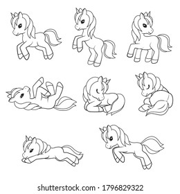 Collection of Cute Cartoon Unicorns isolated on white background. Vector illustration for coloring books