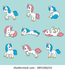 Collection of Cute Cartoon Unicorns. Vector illustration