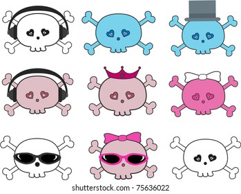 Collection of cute cartoon vector illustration skulls