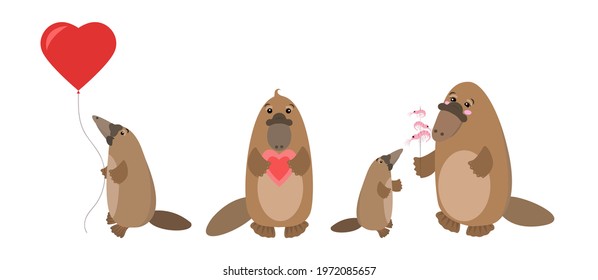 Collection of cute cartoon vector platypus with hearts, mom with baby