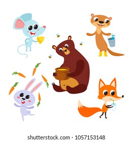 Collection of cute cartoon wild animals with meal isolated on white. Vector illustration of eating animal character used for magazine, children book, poster and card.