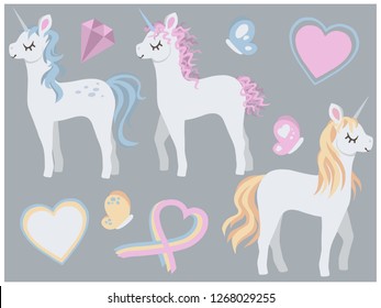 Collection of cute cartoons tyle different closed eyes white unicorns with pink, blue and gold mane together with hearts and butterflies vector drawing illustration