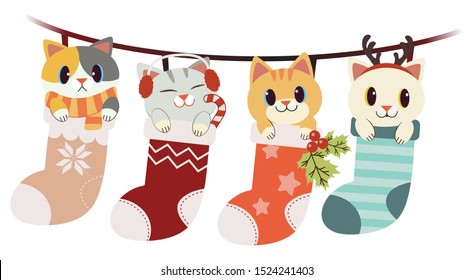 The collection of cute cat in big sock set in the christmas and winter theme in flat vector style.