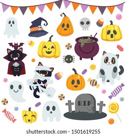 The collection of cute cat and candy  and element for halloween party in flat vector style. Graphic resource about hallooween for graphic,content , banner, sticker label and greeting card.