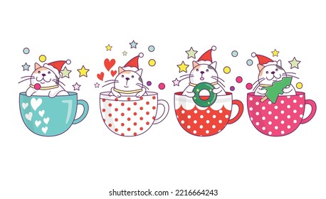 Collection of cute cat in Christmas drink cup, coffee or tea with doodle cartoon style.