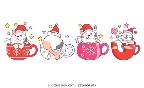 Collection of cute cat in Christmas drink cup, coffee or tea with doodle cartoon style.