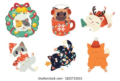 The collection of cute cat with christmas party theme in flat vector style. Graphic resource for graphic, content , banner, sticker label and greeting card.