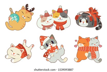 The collection of cute cat with christmas theme in flat vector style. Graphic resource about winter and christmas theme.