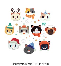 The collection of cute cat with christmas theme set in flat vector style. Graphic resource about cat with winter ,christmas ,holiday set.