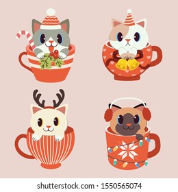 The collection of cute cat in the cup in christmas theme set in flat vector style. Graphic resource about cat for  graphic,content , banner, sticker label and greeting card.