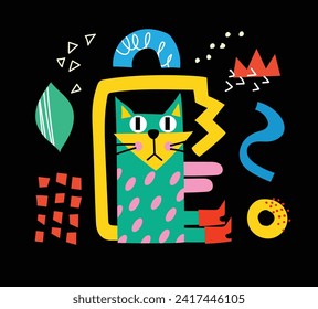 Kollektion mit süßer Katze, dekorative abstrakte Illustrationen mit bunten Doodles, geometrische Formen. Handgezeichnete moderne Illustration mit Katzen, Blumen, abstrakten Elementen