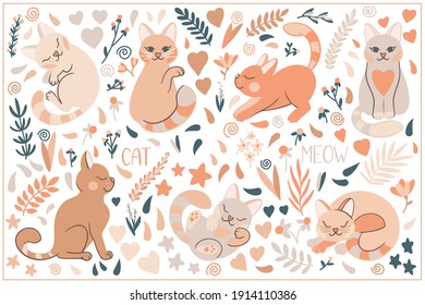 Colección de gatos lindos en diferentes poses. Gracioso gatito de garabatos aislado en el fondo blanco. Flores, corazones y estrellas. Ilustración vectorial de dibujos animados planos.