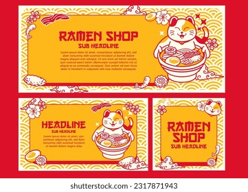 Collection of Cute Cat Eating Ramen Banner Vector Illustration