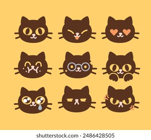 Collection of Cute Cat Emojis. Expressive Icons for Messages. Playful, Happy, Sleepy, Curious. Isolated Flat Vector Illustration