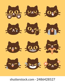 Collection of Cute Cat Emojis. Expressive Icons for Messages. Playful, Happy, Sleepy, Curious. Isolated Flat Vector Illustration