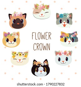 The collection of cute cat with flower crown in flat vector style. Graphic resource for graphic,content , banner, sticker and greeting card.