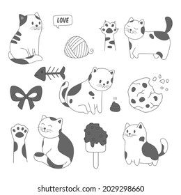 collection of cute cat and food with doodle style