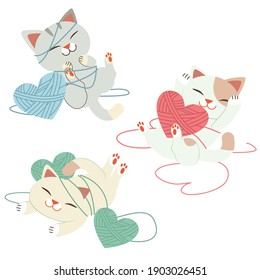 The collection of cute cat with heart of yarn in flat vector style. illustation about cat and valentine's day.