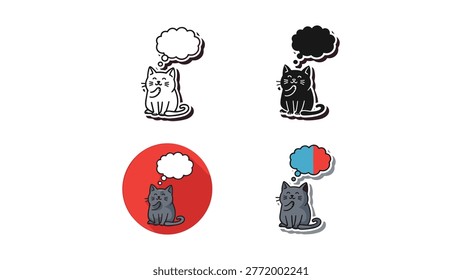 Collection of cute cat illustrations with thought bubbles in various styles, including outline, silhouette, and full color. Ideal for pet-related concepts, communication, and creative projects.