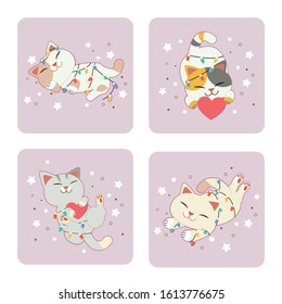 The collection of cute cat with light bulb and the star in flat vector style.