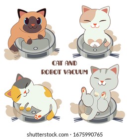 The Collection Of Cute Cat In Many Action And Play With Robot Vaccuum Set In Flat Vector Style.illustation Of  About Pet And Technology.