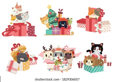 The collection of cute cat playing a gift box in flat vector style.Graphic resource about christmas for  graphic,content , banner, sticker label and greeting card.