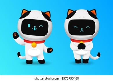 Collection of Cute cat robot character in greeting action, kawaii  mascot cartoon vector for modern life illustration