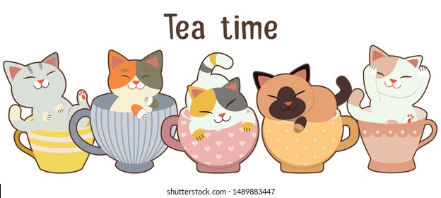 The collection of cute cat sitting in the cup in flat vector style. Graphic resource about cat and tea time
for graphic,content , banner, sticker label and greeting card.