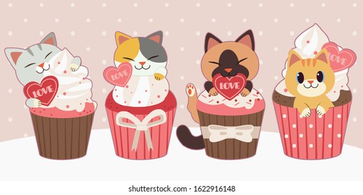 The collection of cute cat sitting in the cupcake on the pink background in flat vector style. Illustration about love and valentin's day.