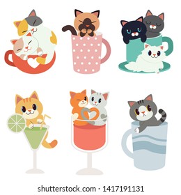 The collection of cute cat sitting in many type of cup in flat vector style.Graphic resource about cat and cup for graphic,content , banner, sticker label and greeting card. 