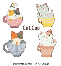 The collection of cute cat sitting in the mug cup in flat vector style. Graphic resource about cat with teacup
for background, graphic,content , banner, sticker label and greeting card.