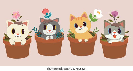 The collection of cute cat sitting in the plant pot with flower in flat vector. illustation of cat for content, banner, graphic,greeting card,etc.