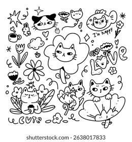 A collection of cute cat stickers in outline black and white style. Kawaii cats in a fish suit, with flowers, in the form of a balloon, with stars. Fantastic printable kitties