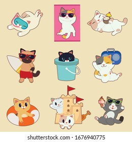 The collection of cute cat in summer theme in flat vector style. illustation of cat for content, graphic,etc.