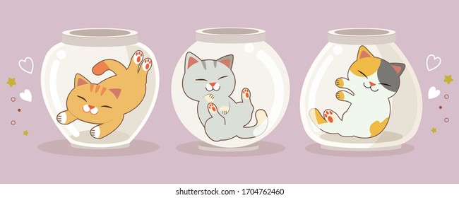 Colección de lindos gatos en el tazón de transparencia o tarro en el fondo blanco. El personaje de un lindo gato durmiendo en el frasco de transparencia al estilo de un vector plano.