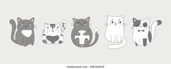 Collection of cute cats. Cartoon characters in vector.